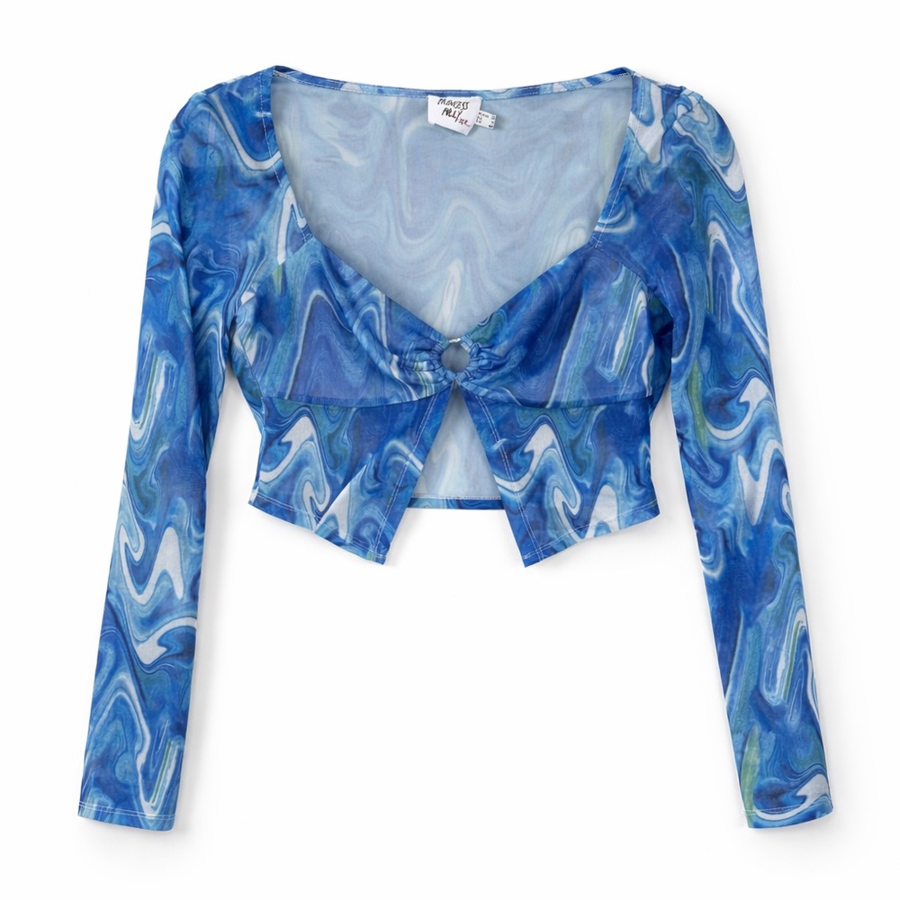 Princess Polly Mesh Long Sleeve O Ring Blue White Marble Top Size 8